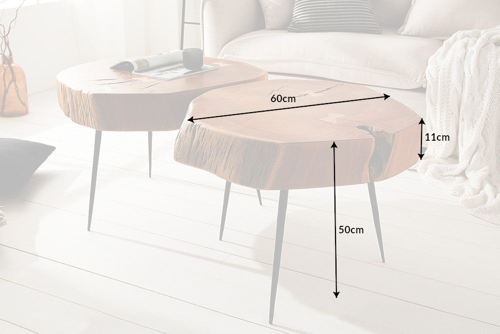 Table basse ronde GOA 60cm bois d'acacia massif tronc d'arbre pieds métal noir