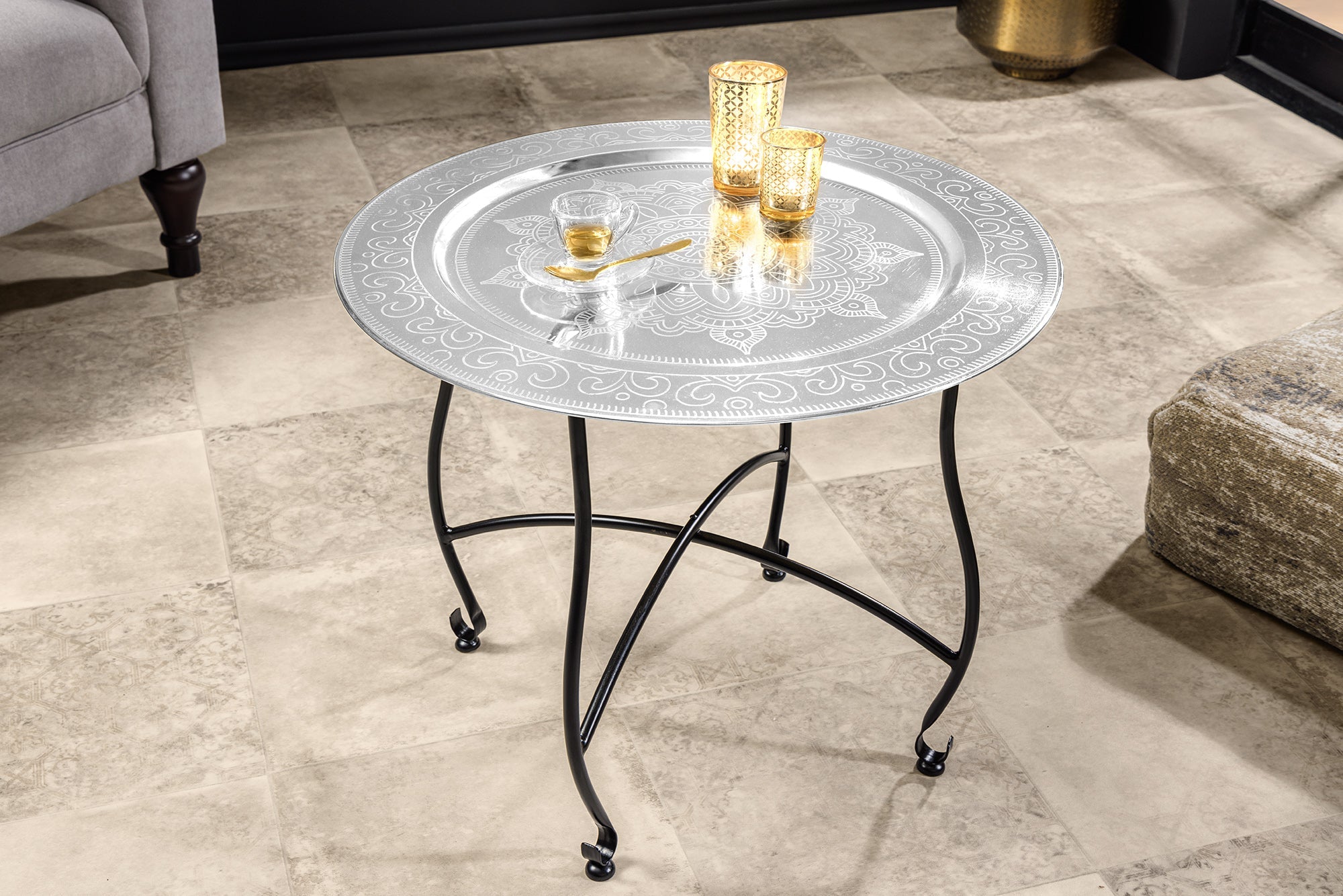 Table basse ronde MARRAKESH 60cm argentée plateau amovible pliable