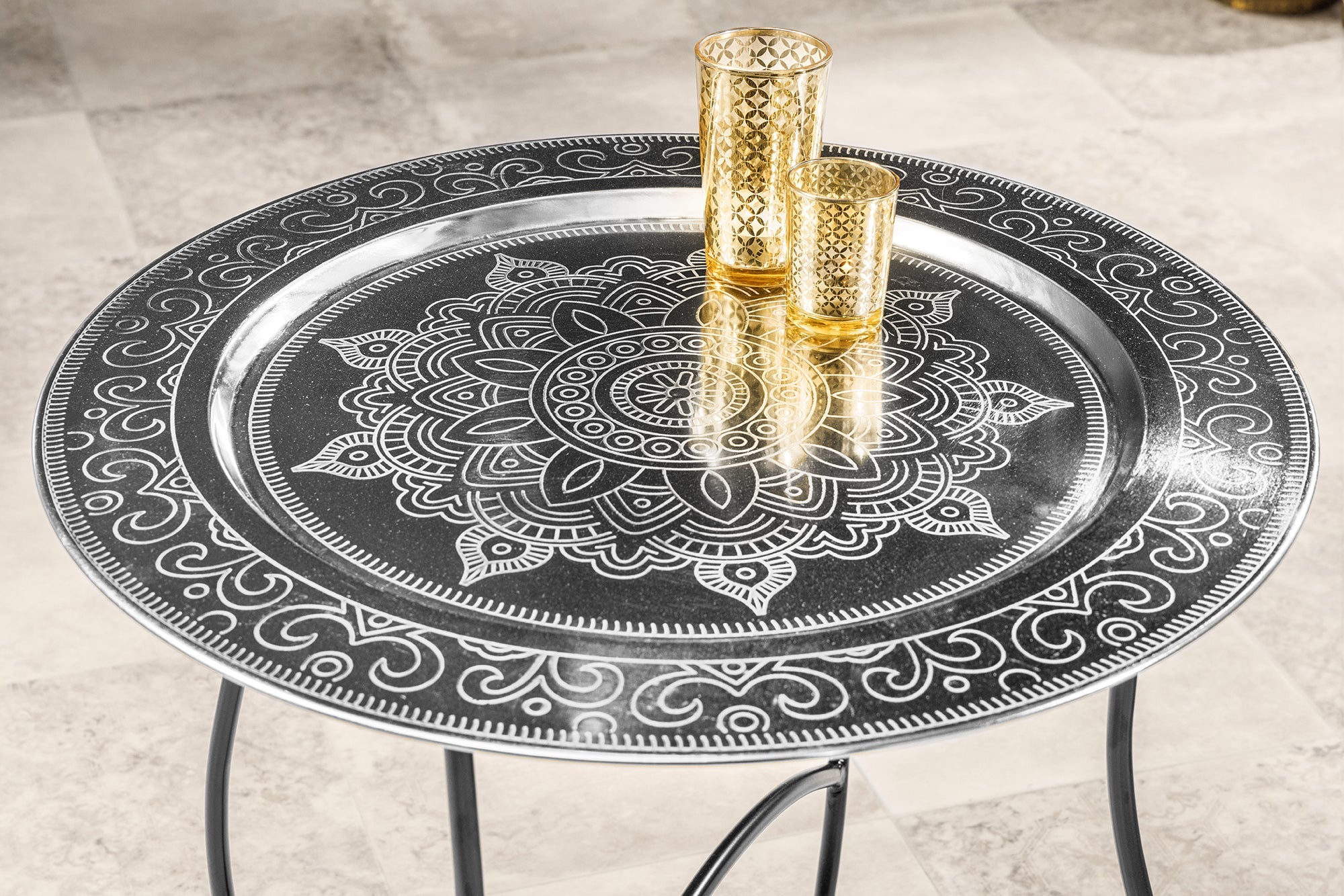 Table basse ronde MARRAKESH 60cm argentée plateau amovible pliable