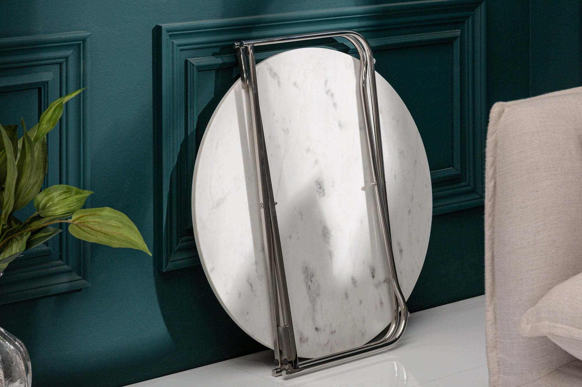 Table basse ronde NOBLE 65cm marbre blanc plateau amovible pliable métal argenté