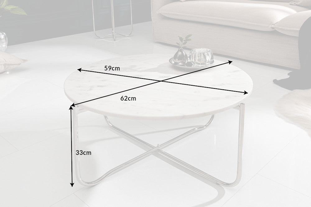 Table basse ronde NOBLE 65cm marbre blanc plateau amovible pliable métal argenté