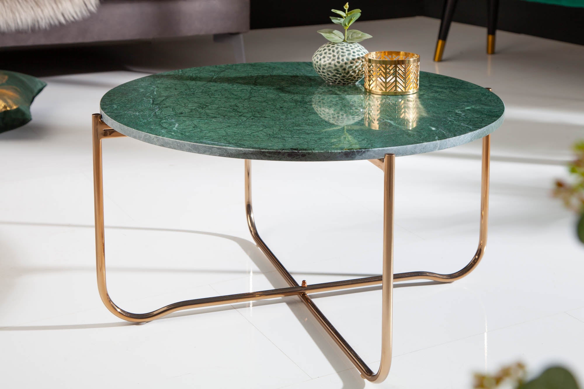 Table basse ronde NOBLE 65cm marbre vert plateau amovible pliable métal doré