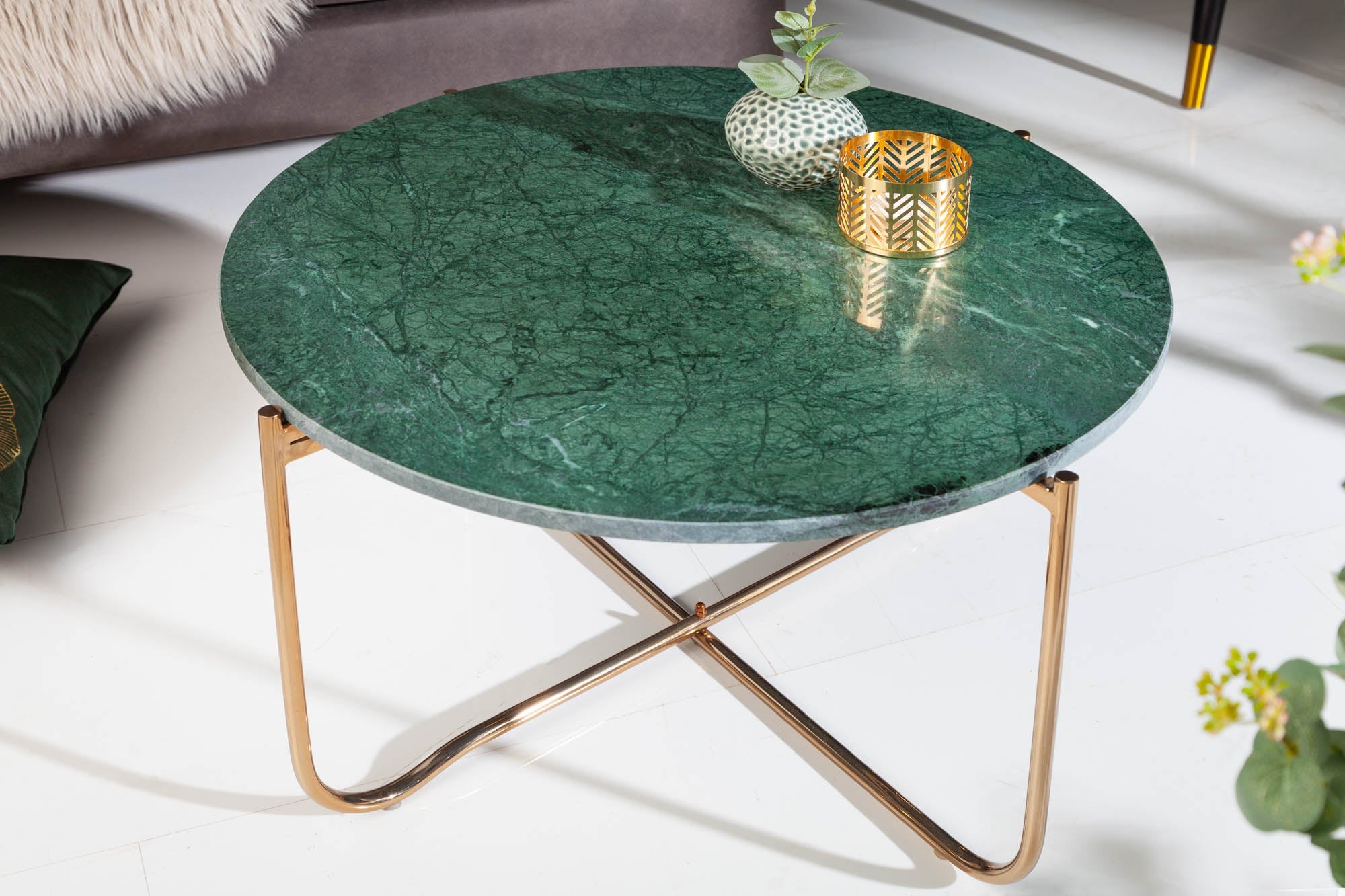 Table basse ronde NOBLE 65cm marbre vert plateau amovible pliable métal doré