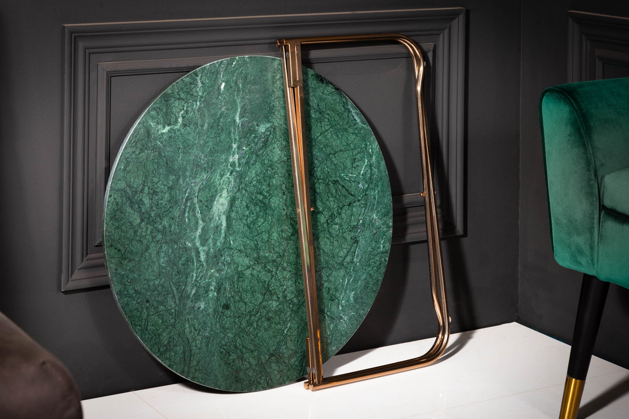 Table basse ronde NOBLE 65cm marbre vert plateau amovible pliable métal doré