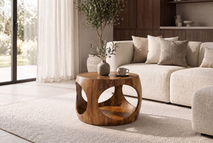 Table basse ronde ORGANIC LOOP 60cm finition pierre marron bois de Sesham