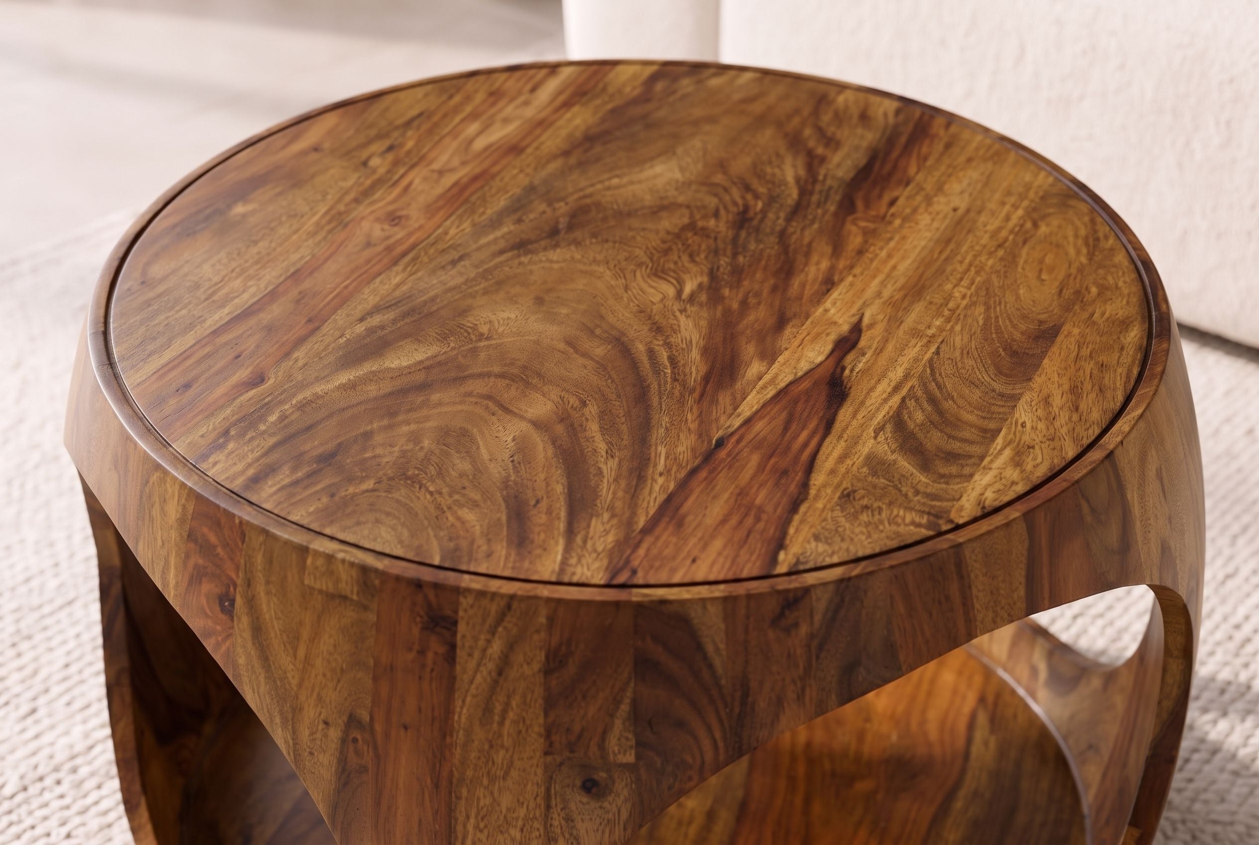 Table basse ronde ORGANIC LOOP 60cm finition pierre marron bois de Sesham