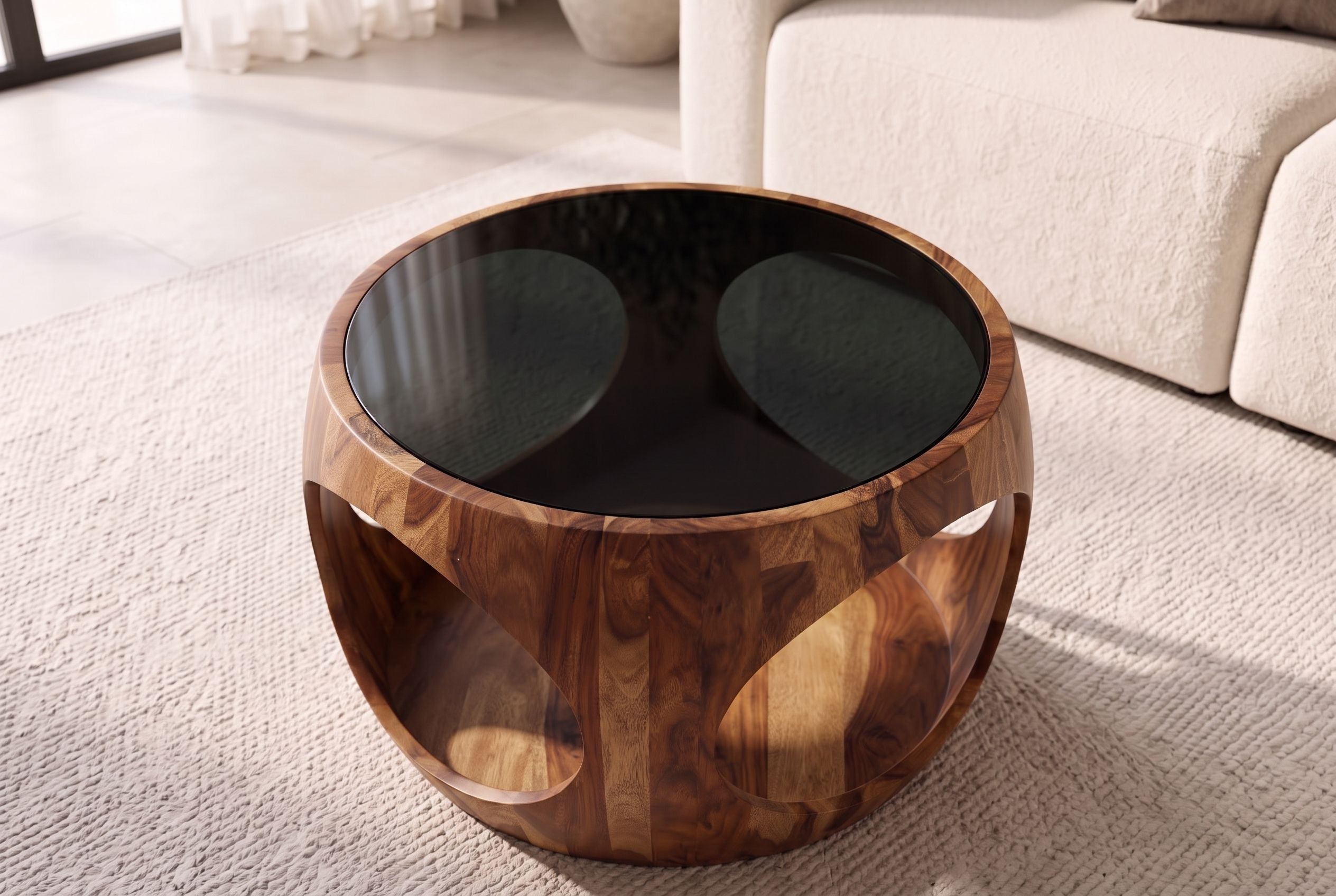 Table basse ronde ORGANIC LOOP 60cm finition pierre marron bois sheesham verre noir