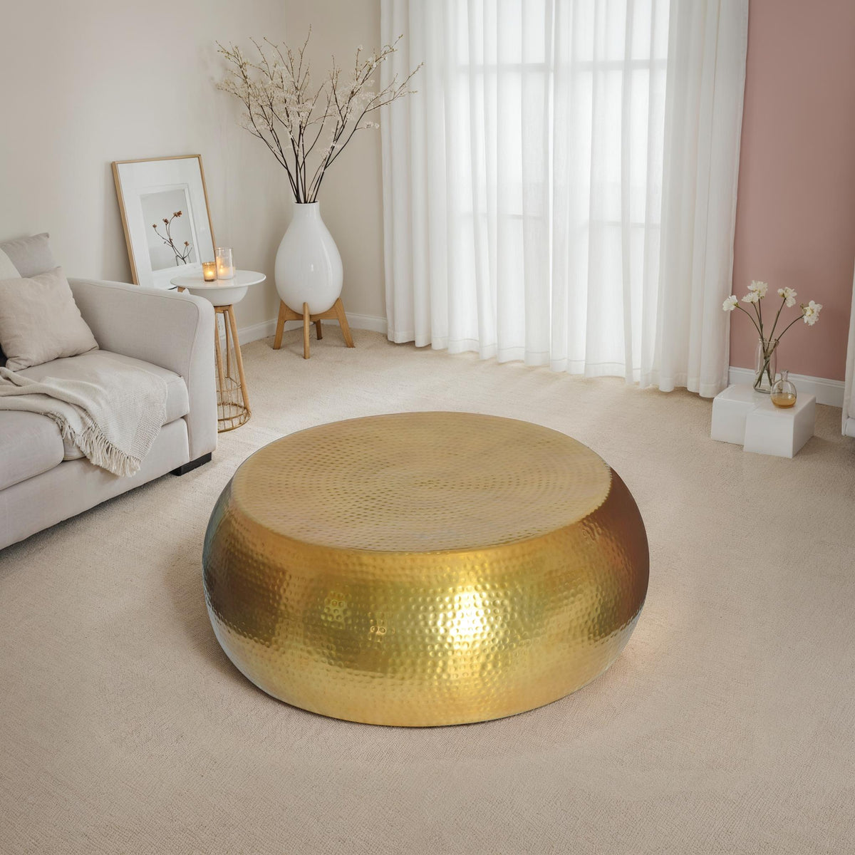 Table basse ronde ORIENT 80cm laiton métal aluminium martelé design fait main