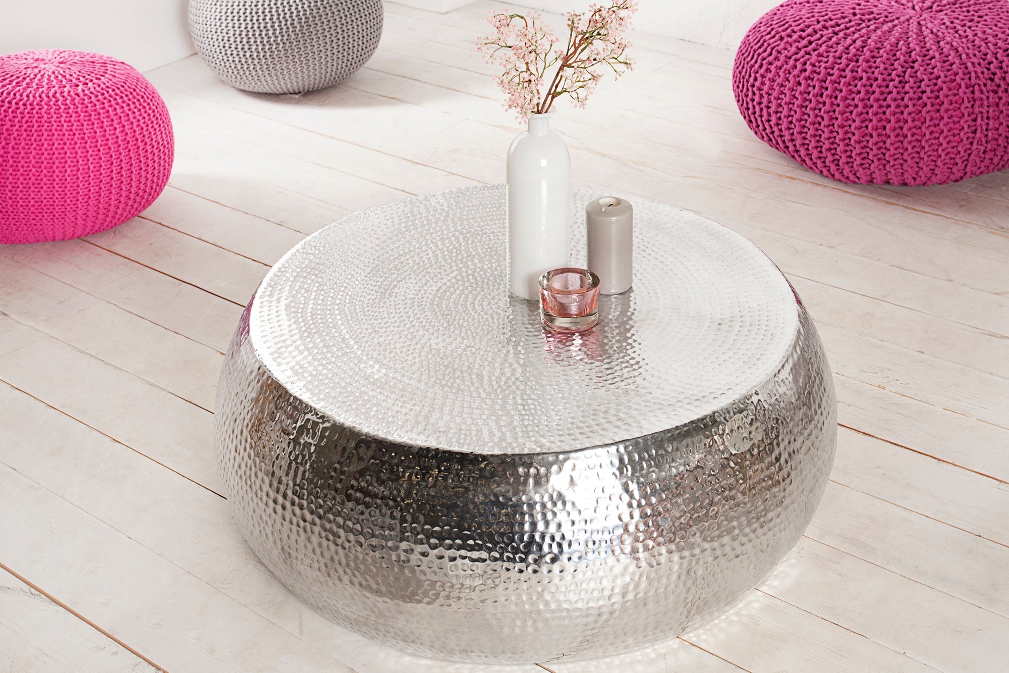 Table basse ronde ORIENT 80cm métal argenté aluminium martelé design fait main