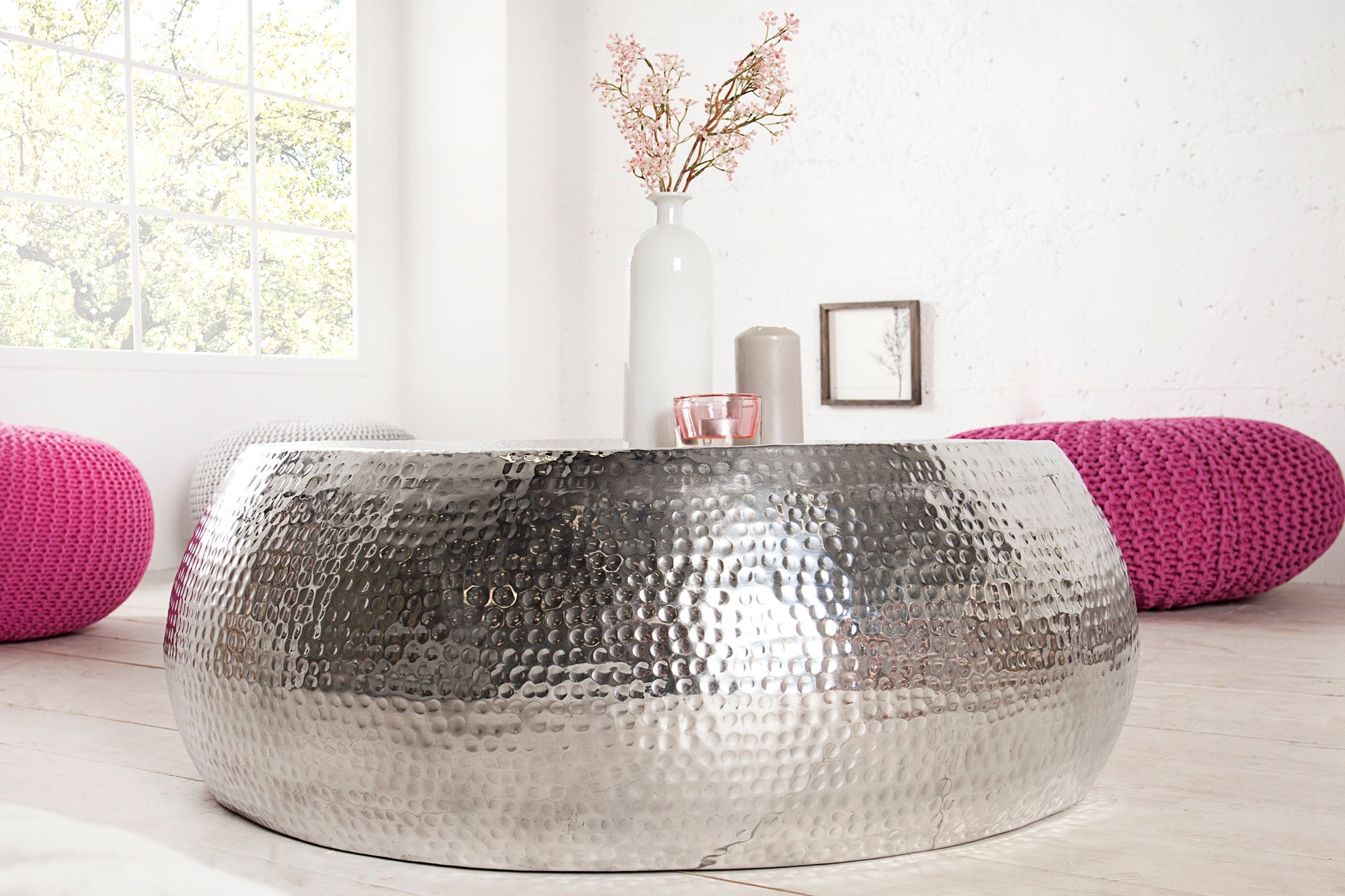 Table basse ronde ORIENT 80cm métal argenté aluminium martelé design fait main