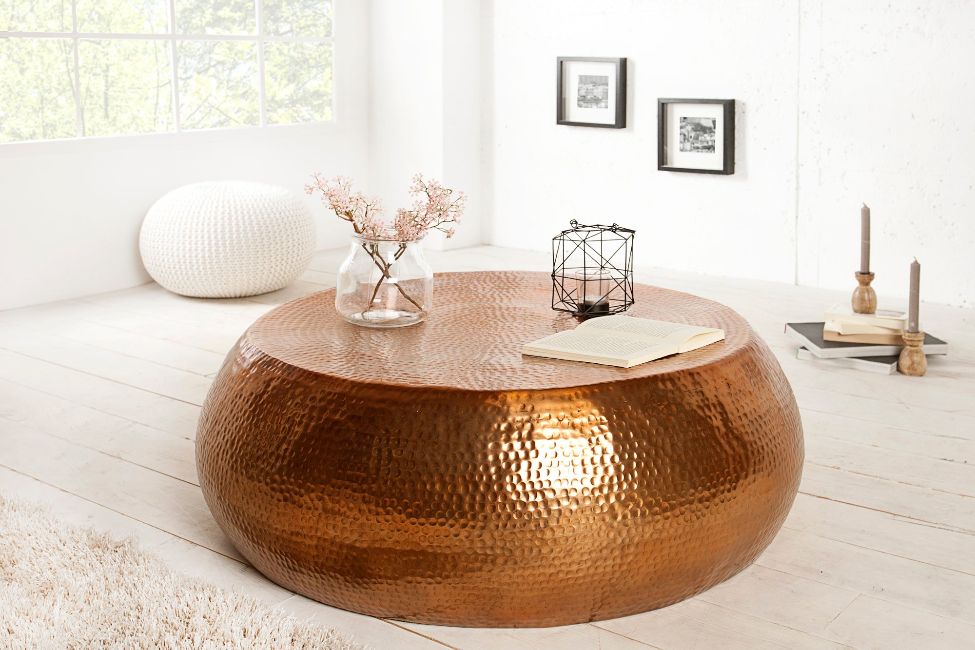 Table basse ronde ORIENT 80cm métal cuivre aluminium martelé design fait main