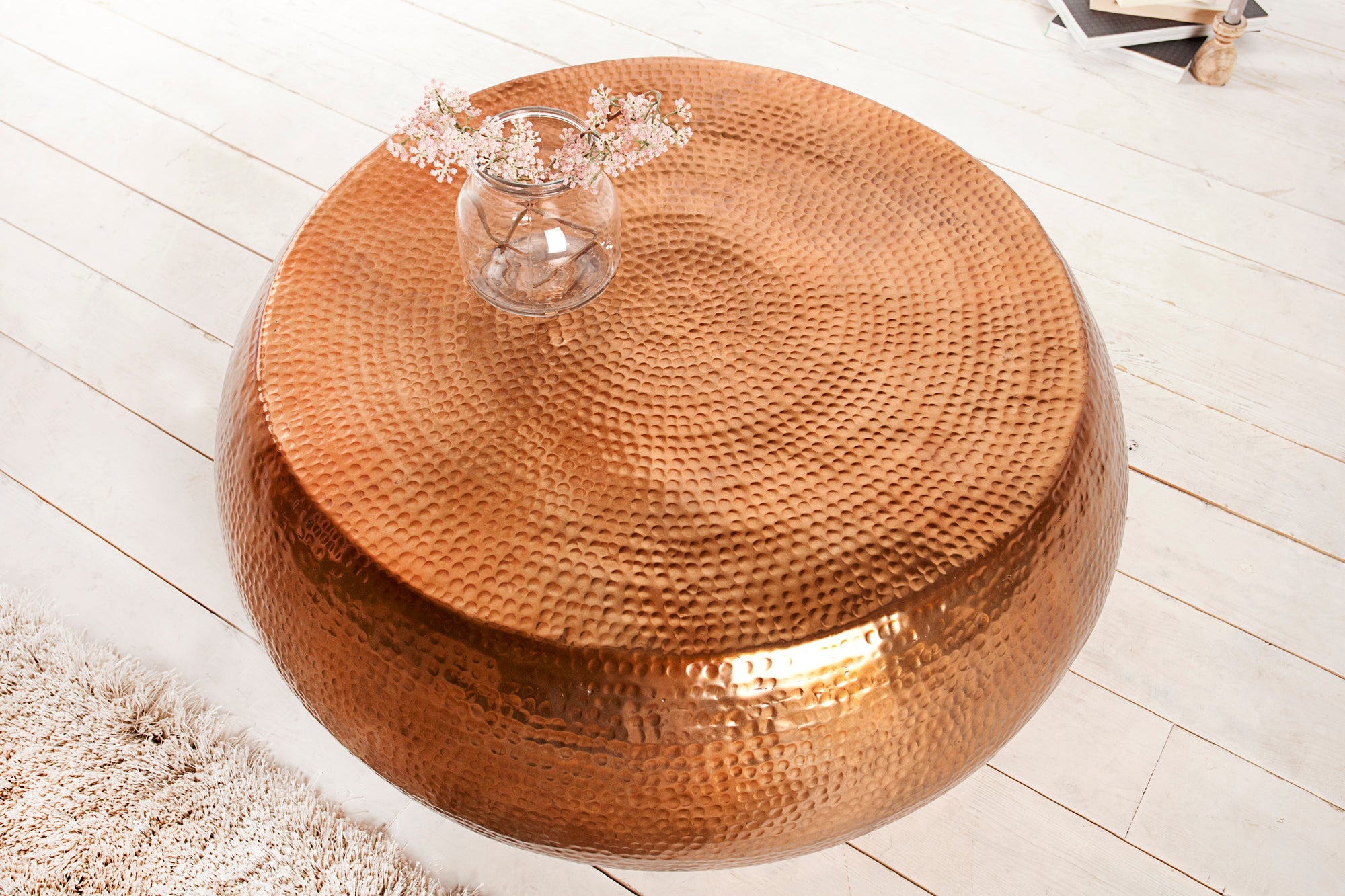 Table basse ronde ORIENT 80cm métal cuivre aluminium martelé design fait main