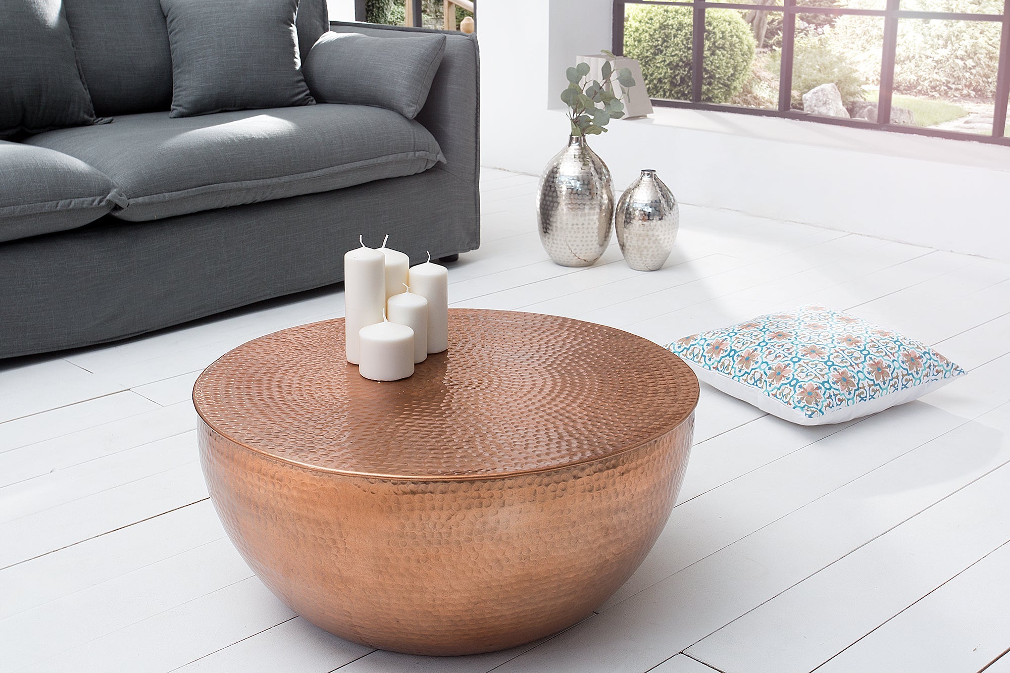 Table basse ronde ORIENT II 60cm cuivre métal aluminium martelé design fait main