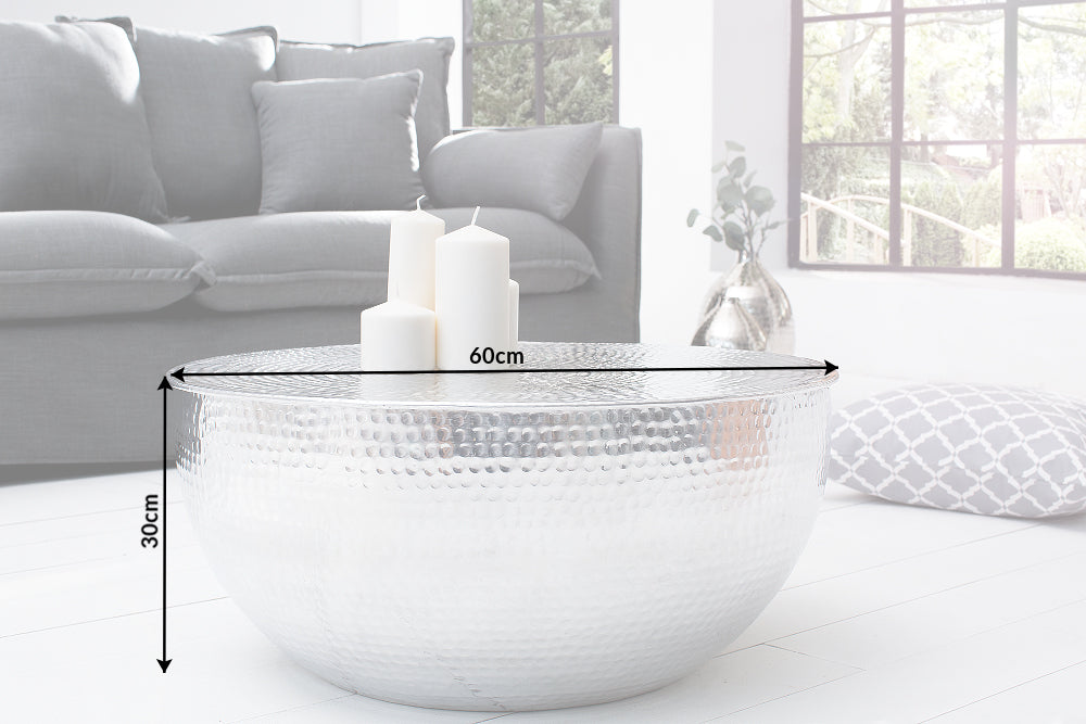 Table basse ronde ORIENT II 60cm métal argenté aluminium martelé design fait main