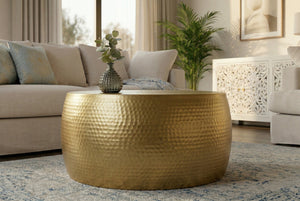 Table basse ronde ORIENT III 60cm métal doré martelé design fait main