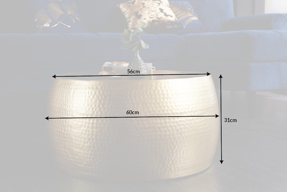 ORIENT III Mesa de centro redonda de 60 cm en metal dorado martillado, diseño artesanal
