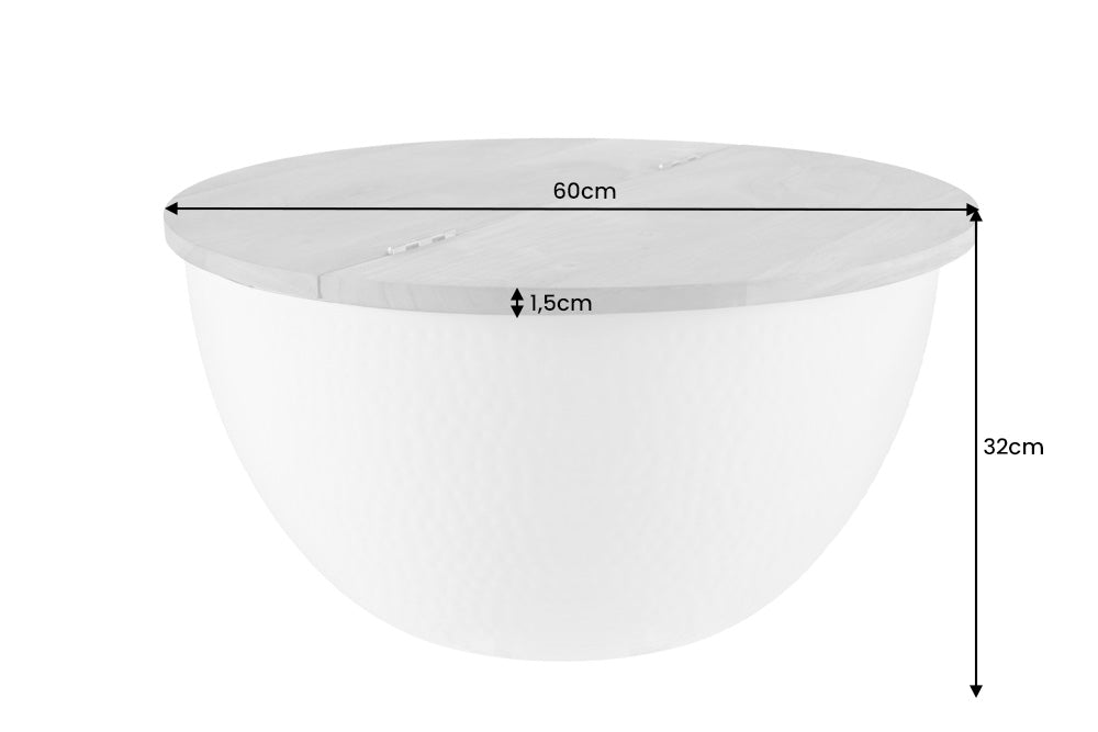 Table basse ronde ORIENT STORAGE 60cm en bois d'acacia argenté avec espace de rangement martelé fait main