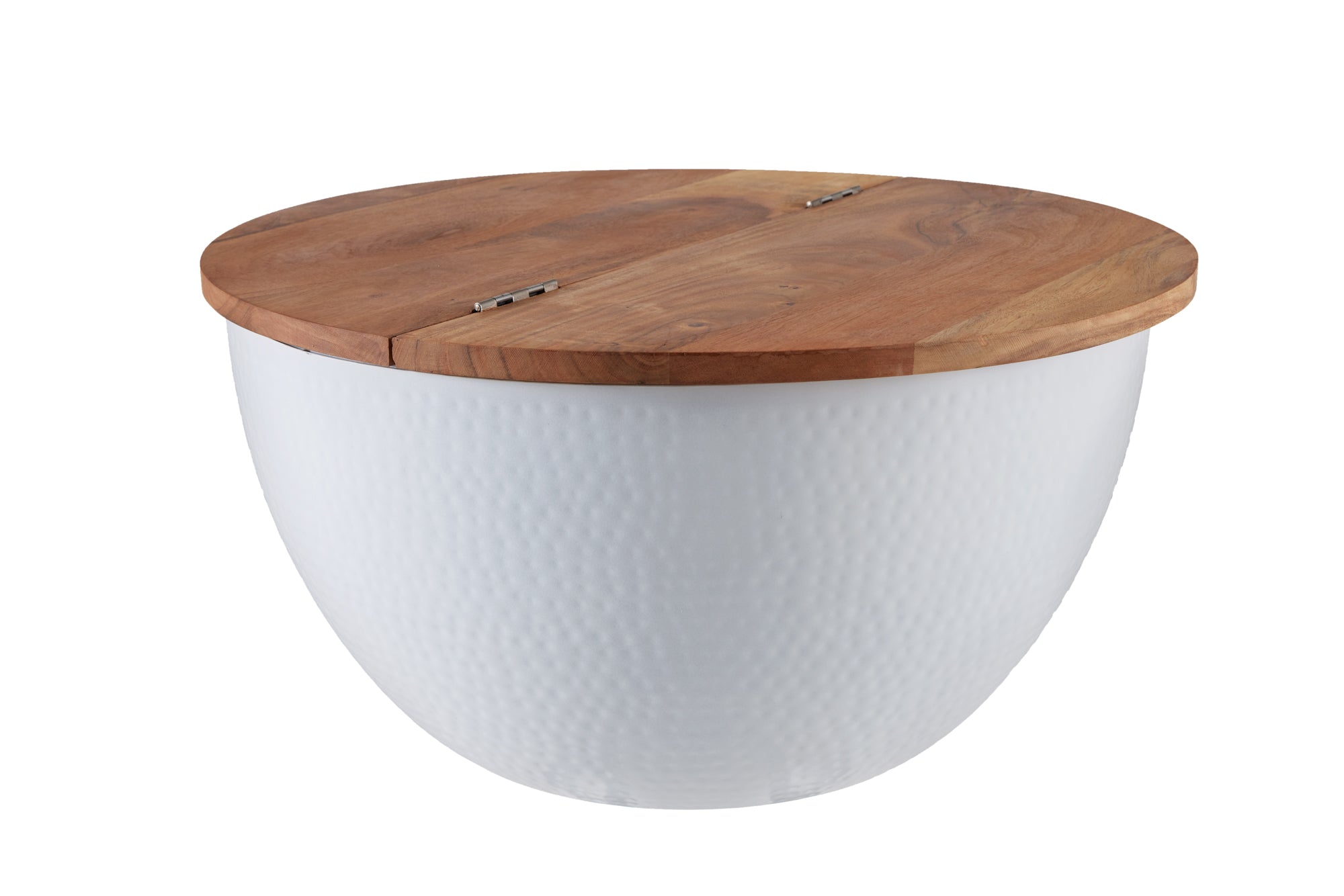 Table basse ronde ORIENT STORAGE 60cm en bois d'acacia blanc avec espace de rangement martelé fait main