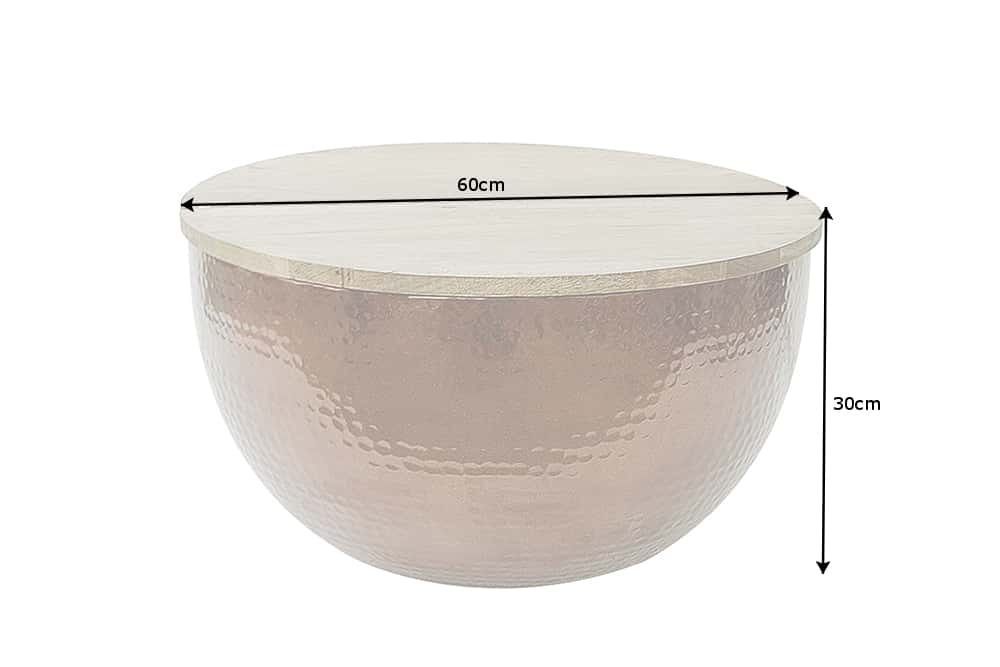 Table basse ronde ORIENT STORAGE 60cm en bois d'acacia martelé cuivré fait main avec espace de rangement