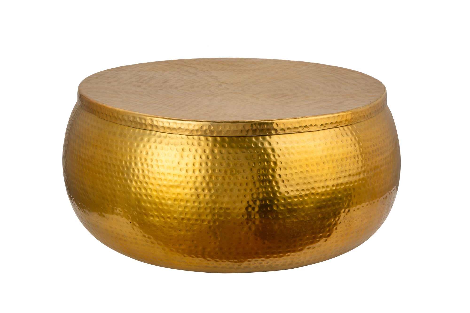 Table basse ronde ORIENT STORAGE 70cm métal doré avec espace de rangement design martelé fait main