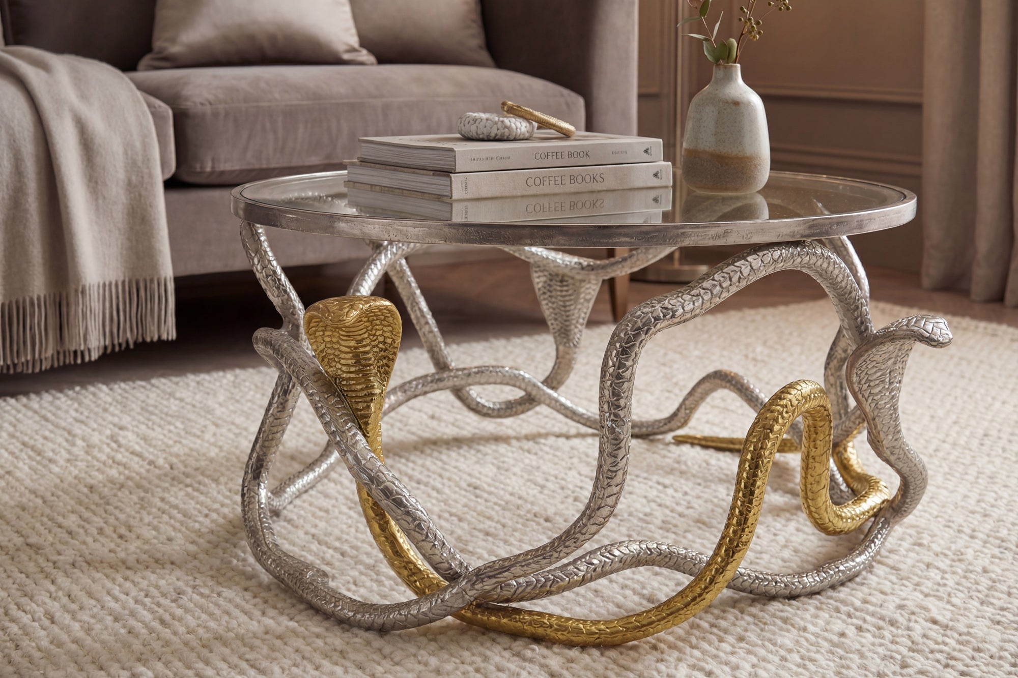 Table basse ronde SNAKE 70cm sculpture serpent métal argenté doré plateau verre