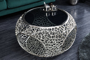 Table basse ronde SPIN 75cm argent noir verre métal avec espace de rangement fait main