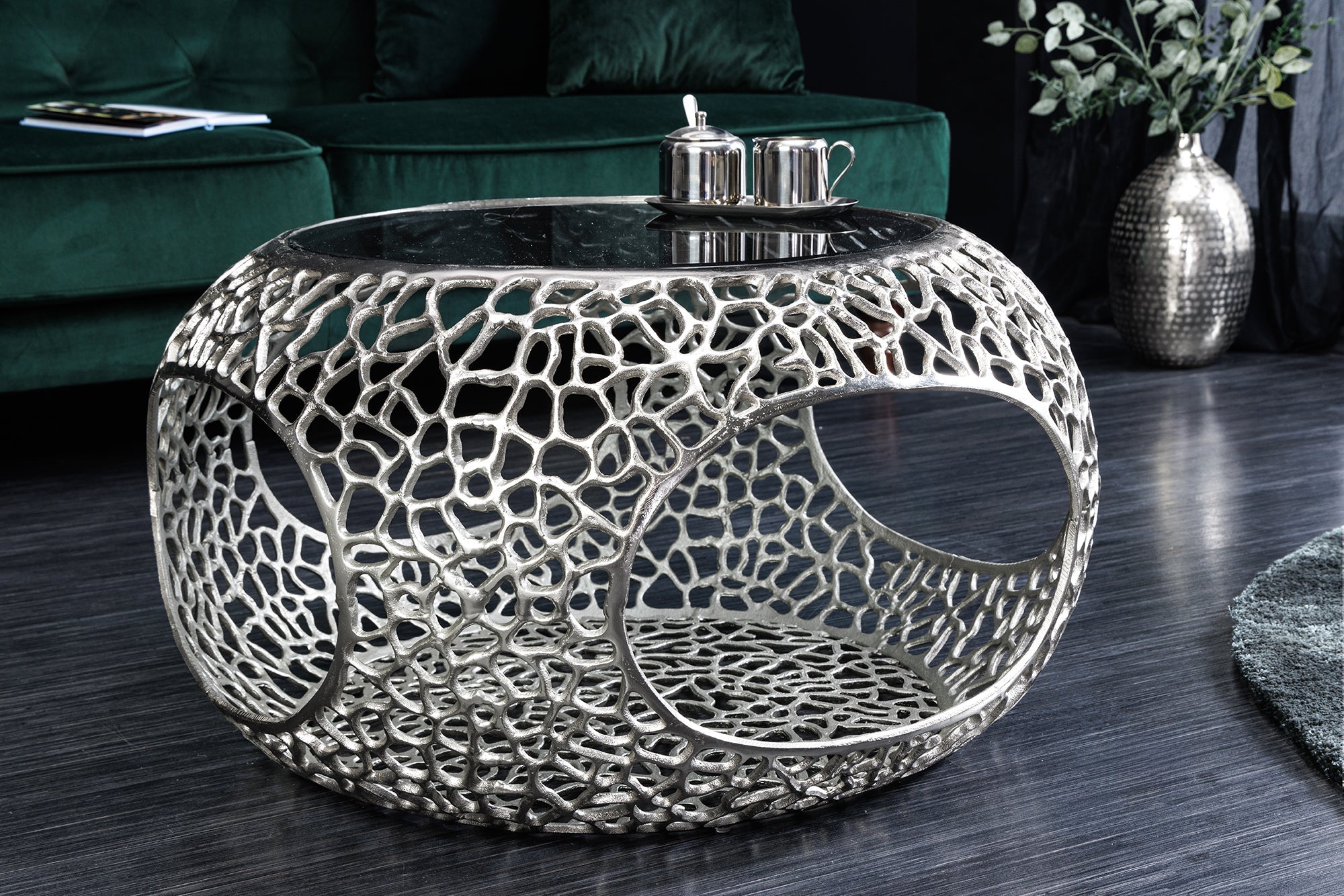 Table basse ronde SPIN 75cm argent noir verre métal avec espace de rangement fait main