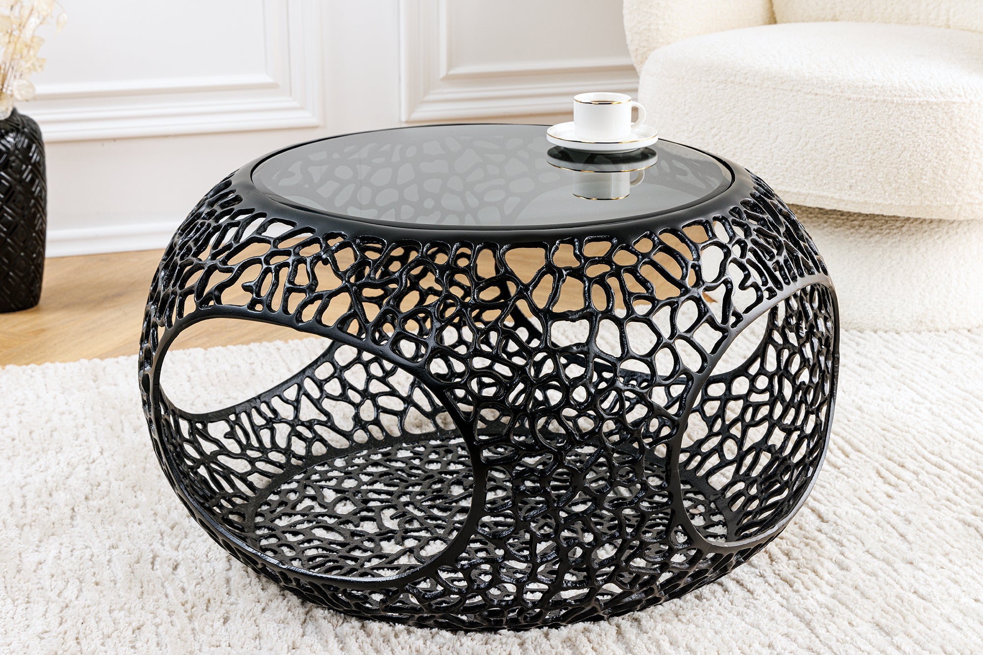 SPIN mesa de centro redonda 75cm cristal negro metal negro con espacio de almacenamiento hecho a mano