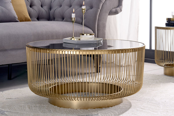 Table basse ronde VARIATION 80cm structure métal doré verre noir fait main
