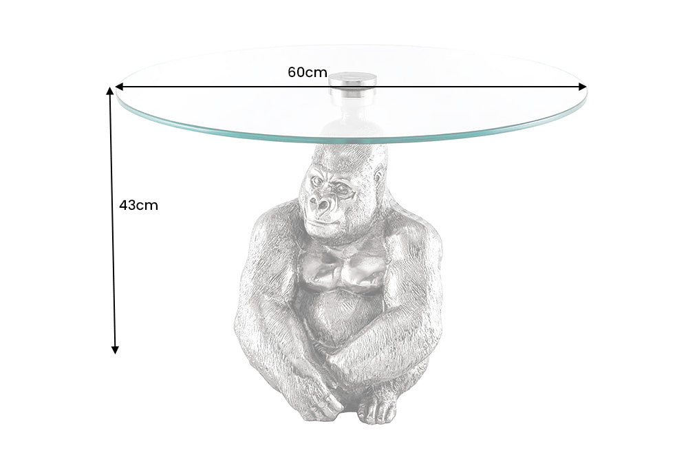 Table basse ronde WILDLIFE KONG 60cm métal argenté verre singe figure gorille sculpture fait main