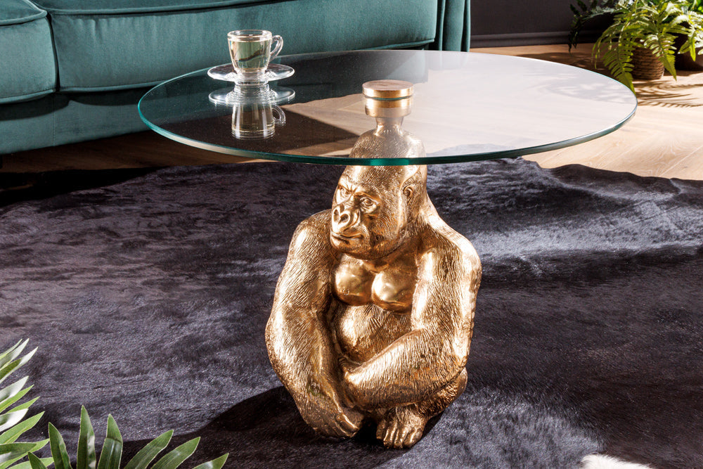 Table basse ronde WILDLIFE KONG 60cm métal doré verre singe figure gorille sculpture fait main