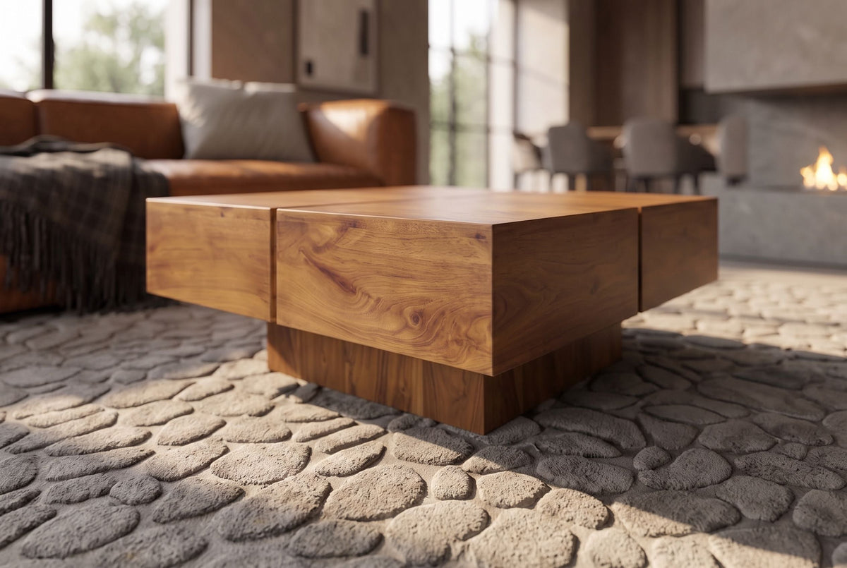 Table basse solide BOLT 70cm en manguier marron finition miel fait main