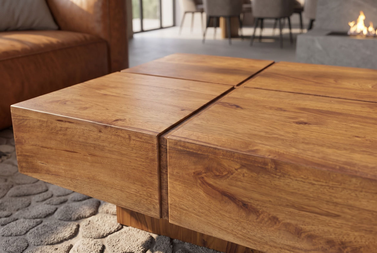 Table basse solide BOLT 70cm en manguier marron finition miel fait main