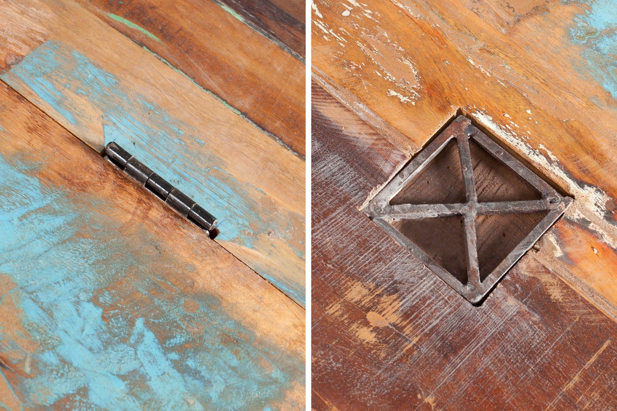 Table basse solide JAKARTA 70cm coffre coloré en bois de bateaux de pêche recyclés avec tiroirs