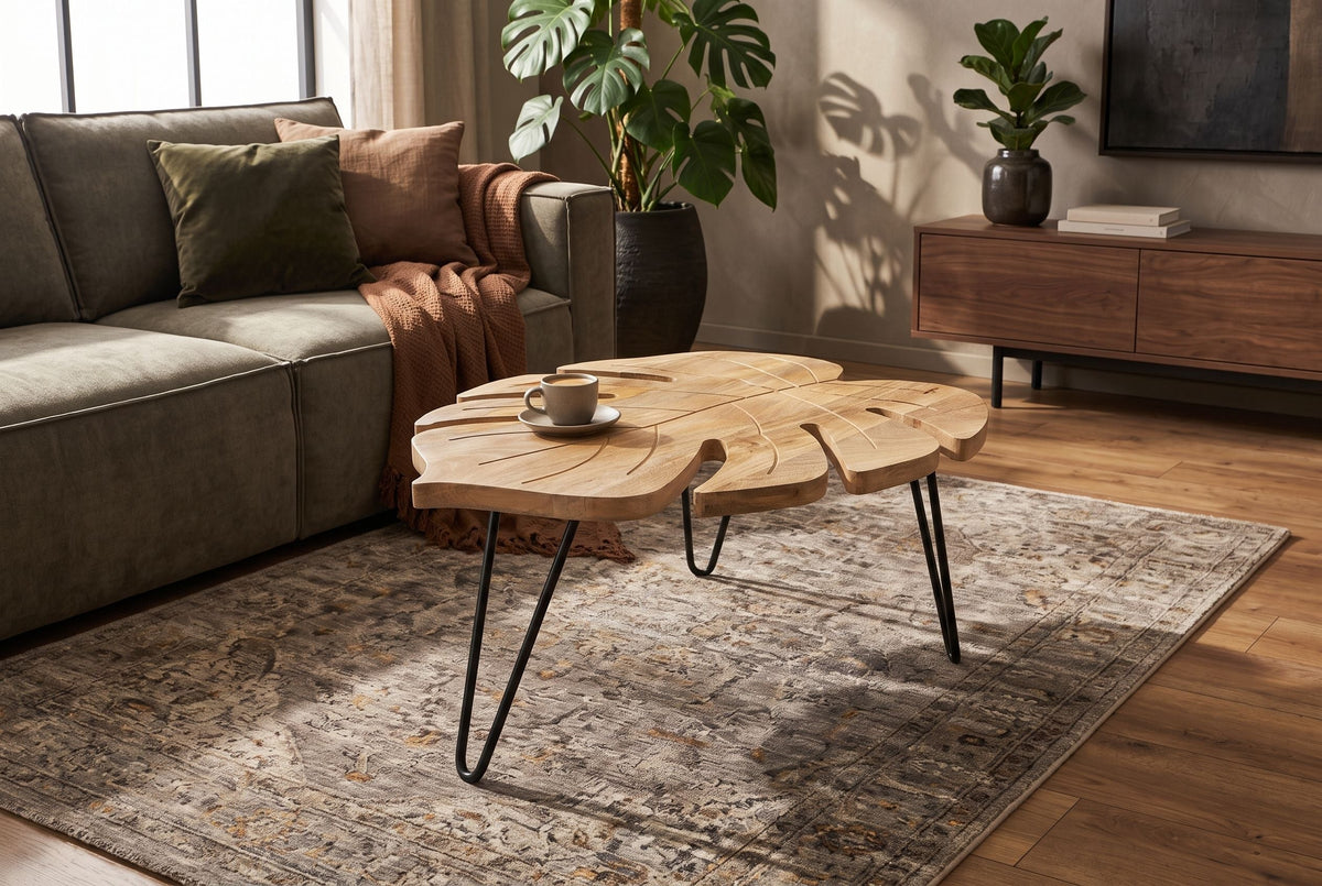 Table basse solide LEAF 75cm en bois de manguier naturel pieds en épingle à cheveux noirs fait main