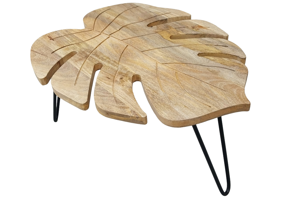 Table basse solide LEAF 75cm en bois de manguier naturel pieds en épingle à cheveux noirs fait main
