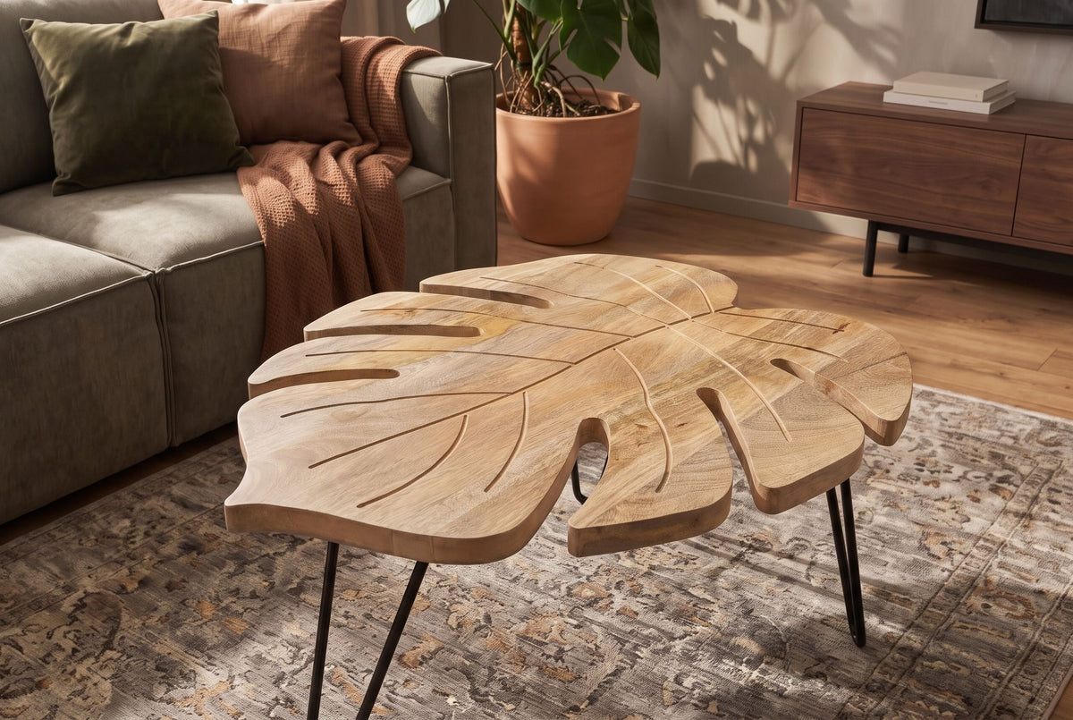 Table basse solide LEAF 75cm en bois de manguier naturel pieds en épingle à cheveux noirs fait main