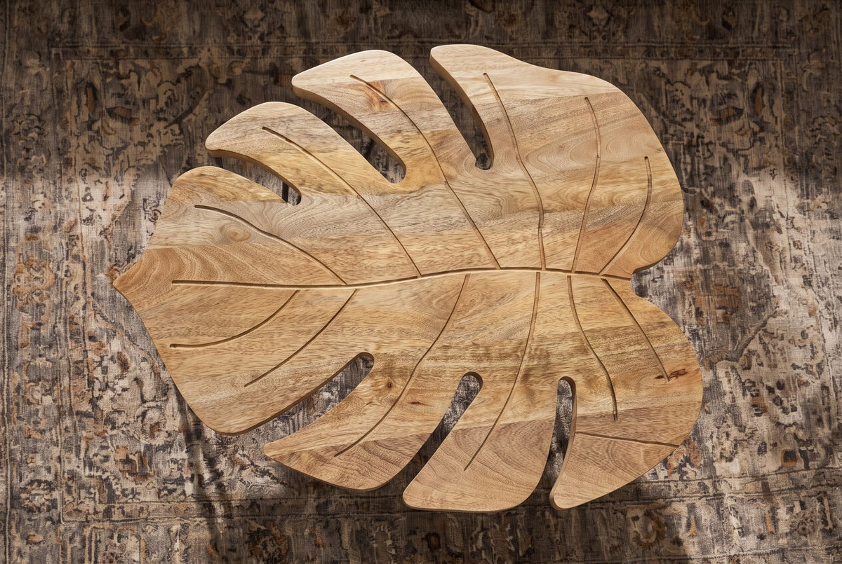 Table basse solide LEAF 75cm en bois de manguier naturel pieds en épingle à cheveux noirs fait main