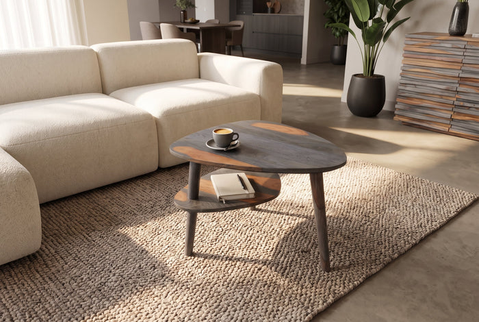 Table basse solide ORGANIC LIVING 55cm finition gris fumé en bois de Sesham deux niveaux