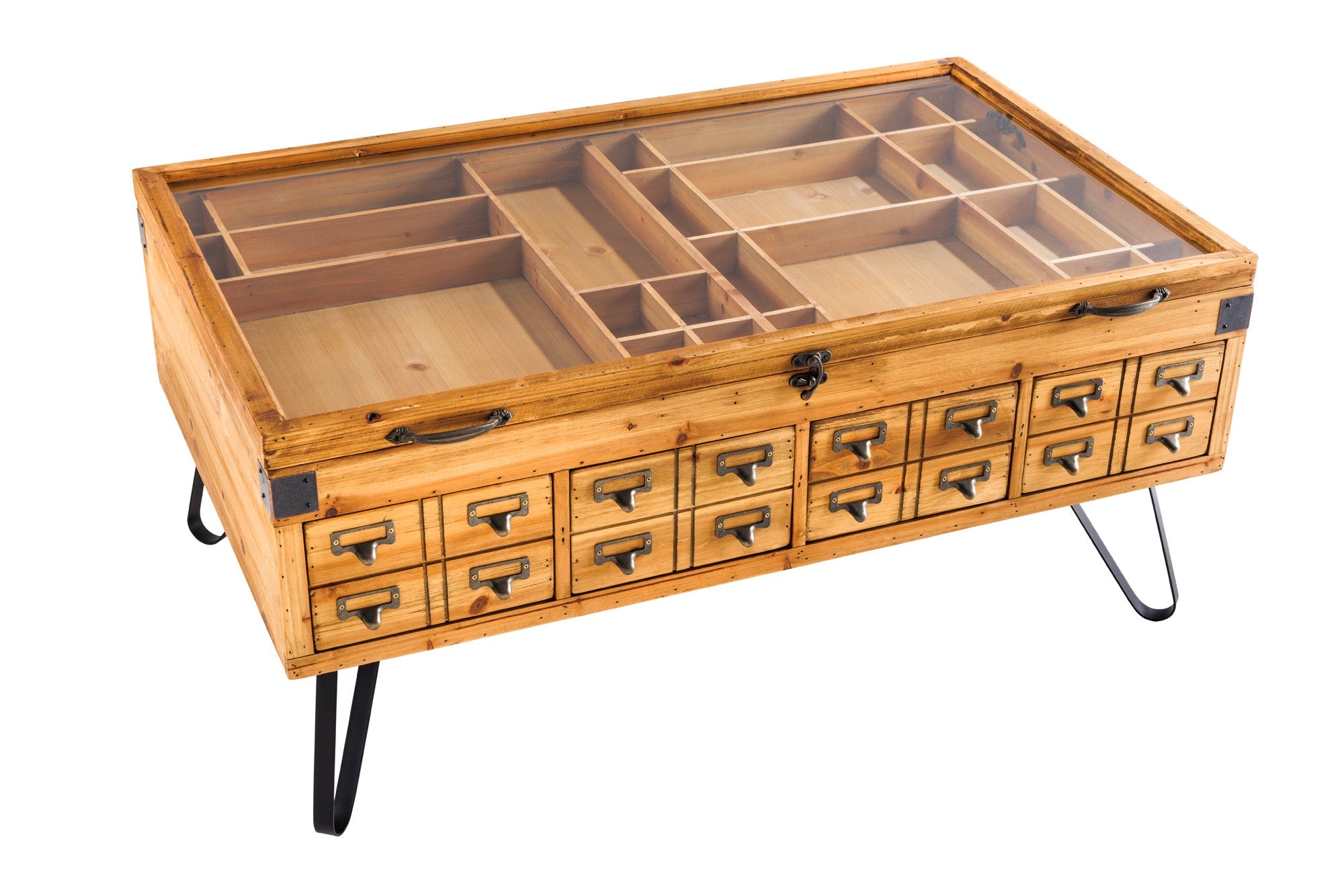 Table basse vintage SEVEN SEAS 100cm pin naturel bois massif pieds épingles à cheveux en verre avec espace de rangement