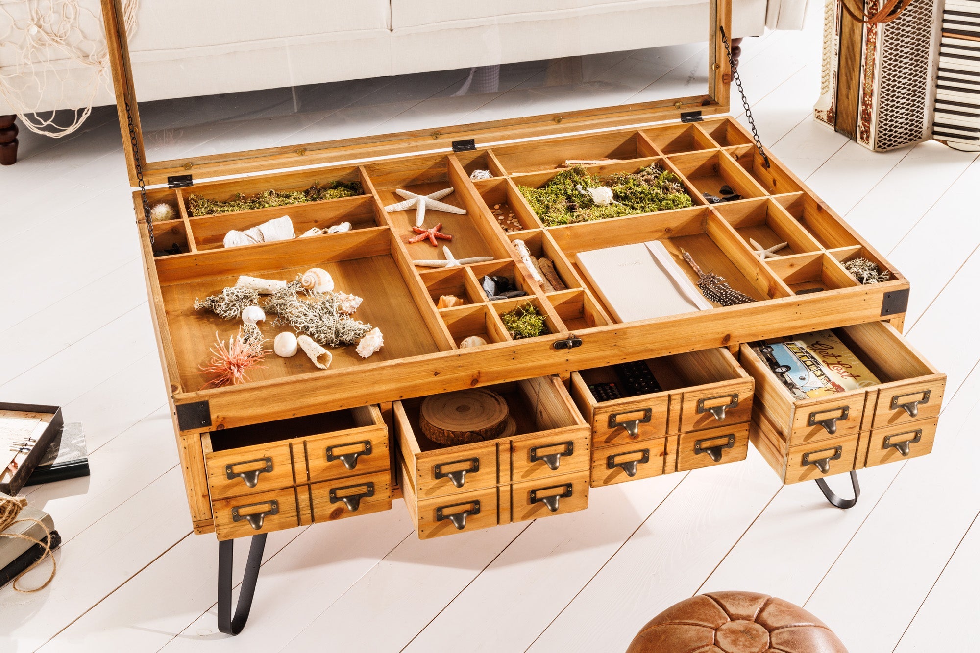 Table basse vintage SEVEN SEAS 100cm pin naturel bois massif pieds épingles à cheveux en verre avec espace de rangement