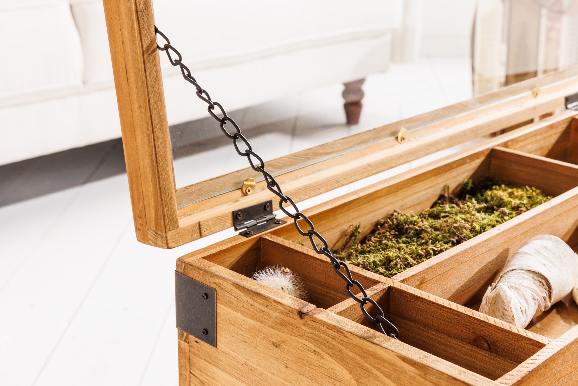 Table basse vintage SEVEN SEAS 100cm pin naturel bois massif pieds épingles à cheveux en verre avec espace de rangement