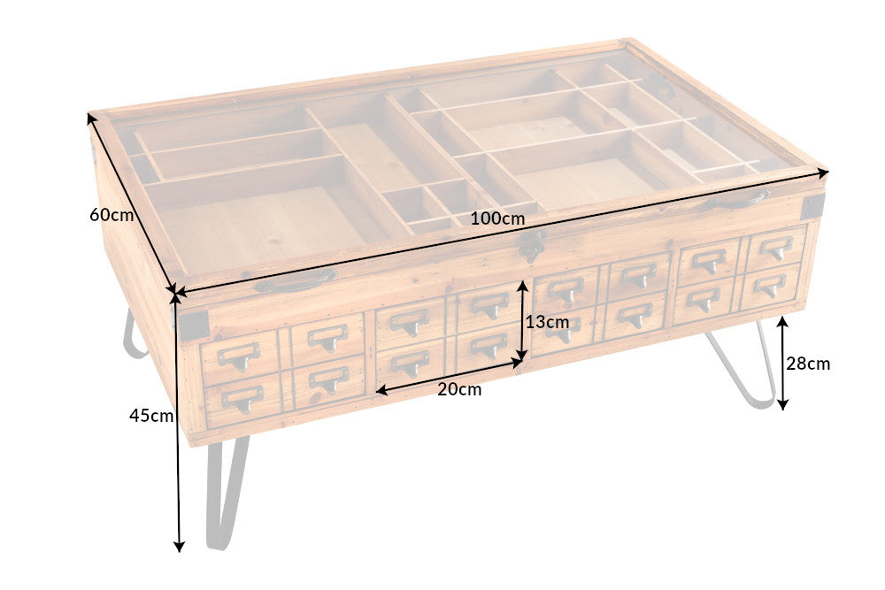 Table basse vintage SEVEN SEAS 100cm pin naturel bois massif pieds épingles à cheveux en verre avec espace de rangement