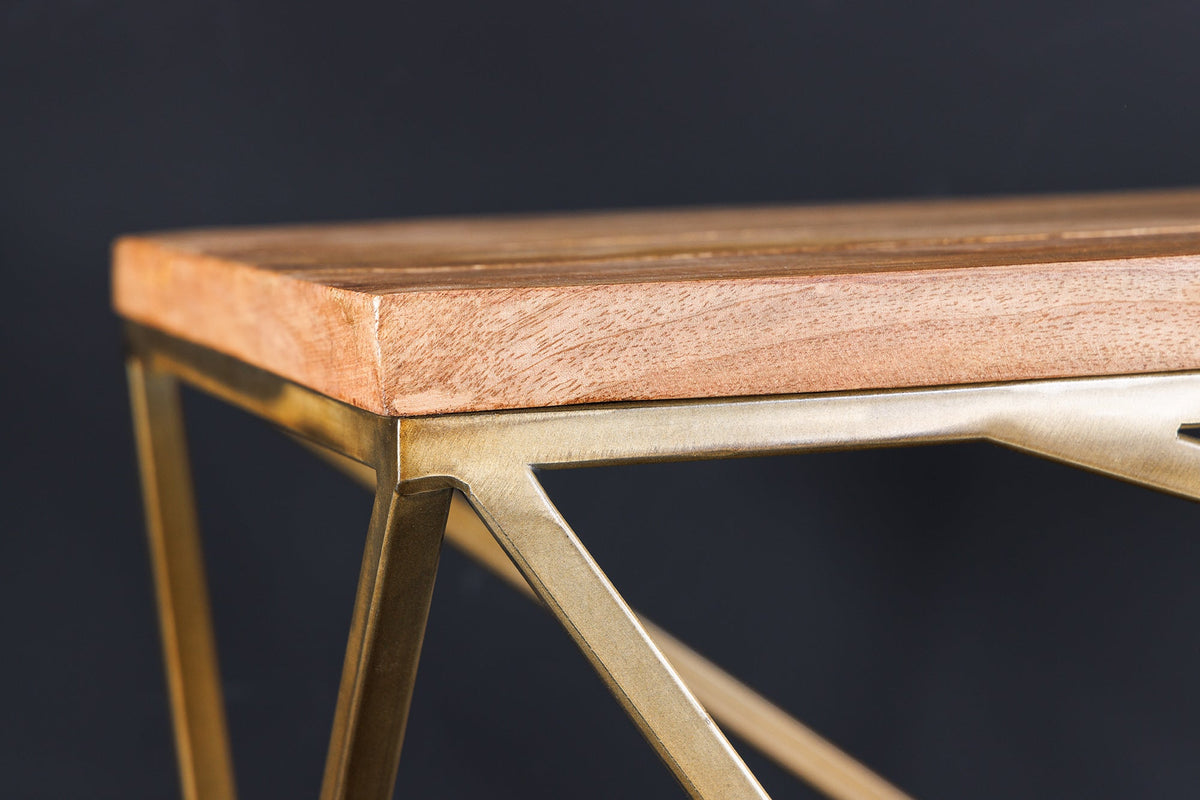 Table console abstraite DIAMOND 120cm laiton naturel structure métal bois de manguier