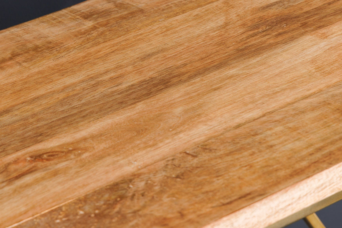Table console abstraite DIAMOND 120cm laiton naturel structure métal bois de manguier