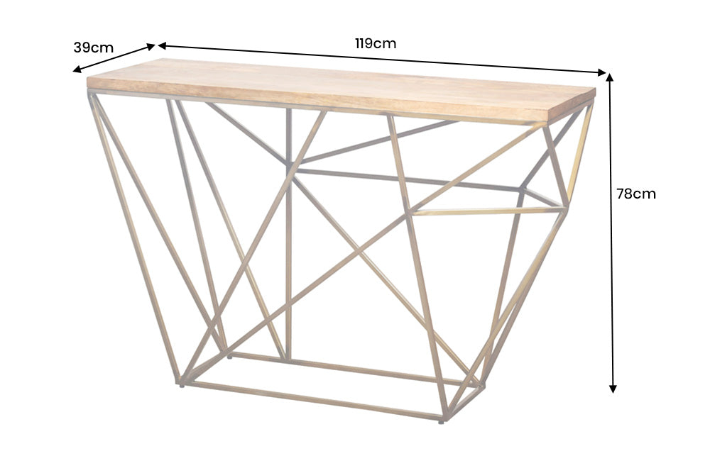 Table console abstraite DIAMOND 120cm laiton naturel structure métal bois de manguier