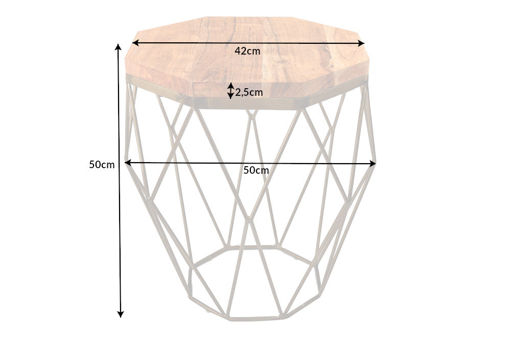 DIAMOND mesa auxiliar abstracta 50cm madera maciza de acacia natural estructura de metal latón