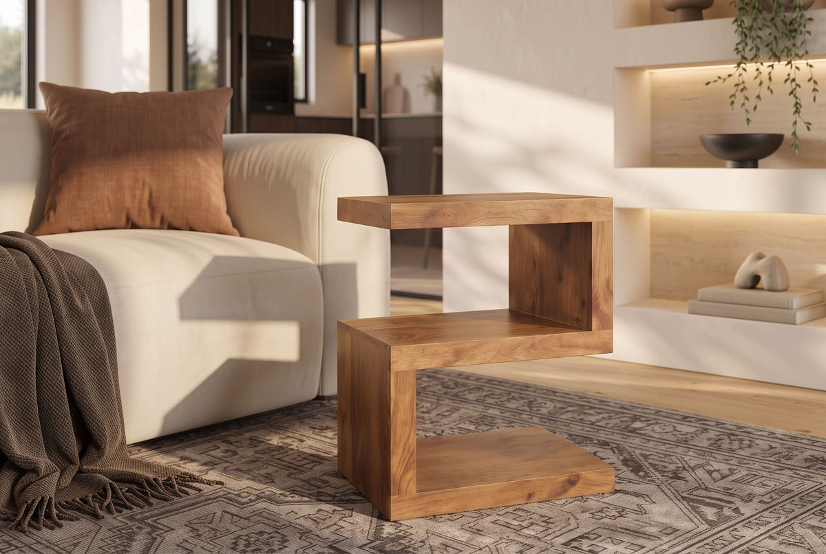 Table d’appoint artisanale S 60cm en bois de manguier finition miel marron avec étagère réglable