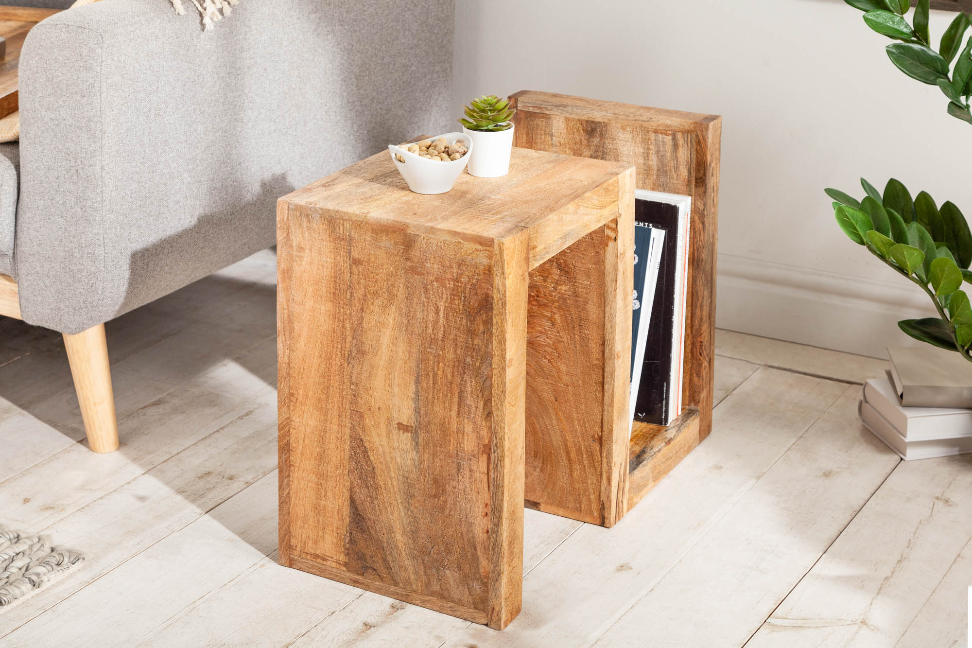 S Mesa auxiliar artesanal de 60 cm de madera maciza de mango con estante ajustable