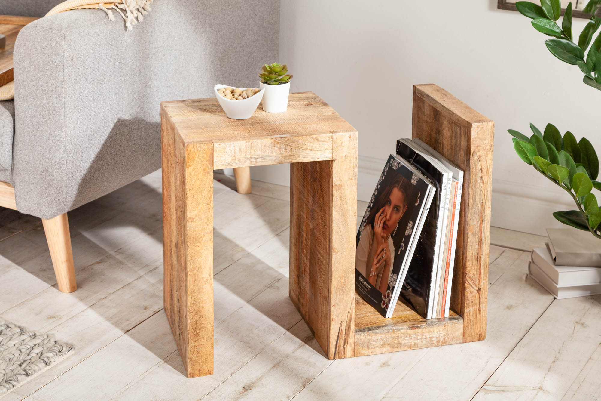 S Mesa auxiliar artesanal de 60 cm de madera maciza de mango con estante ajustable